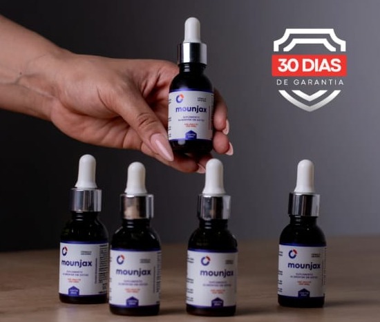 Frasco Mounjax segurado na mão, com o selo de 30 dias de garantia